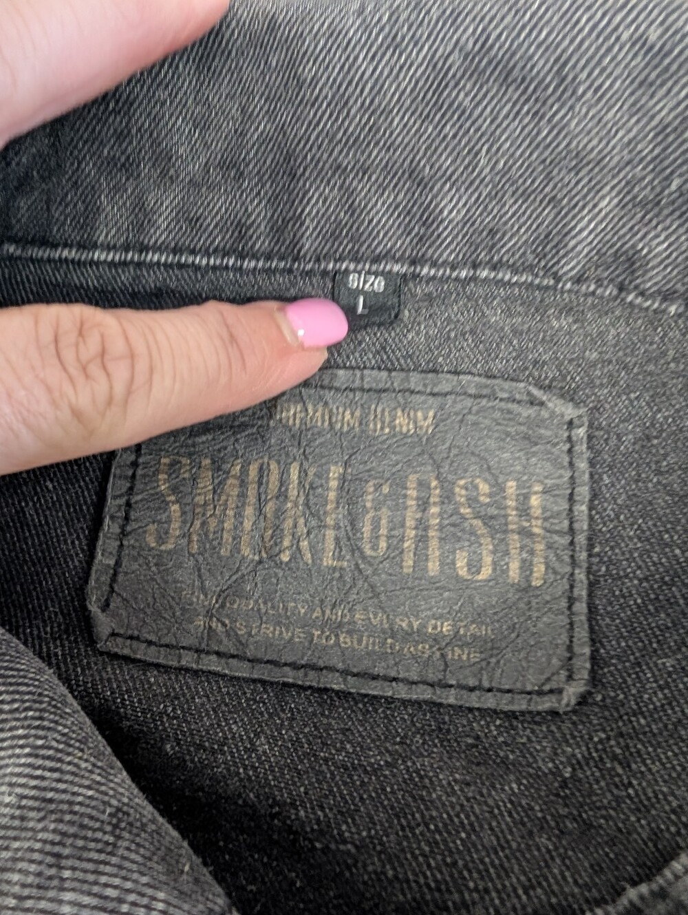 Denim Jacket 'Sinister' Cross Written In Rhinestones Black Denim Jacket Sz L - Picture 6 of 6